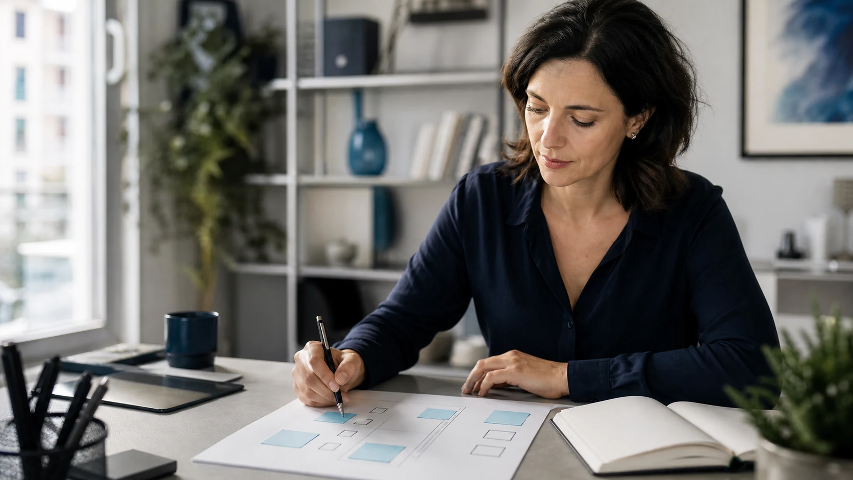 Professionista che trasforma obiettivi scritti in un prossimo passo concreto